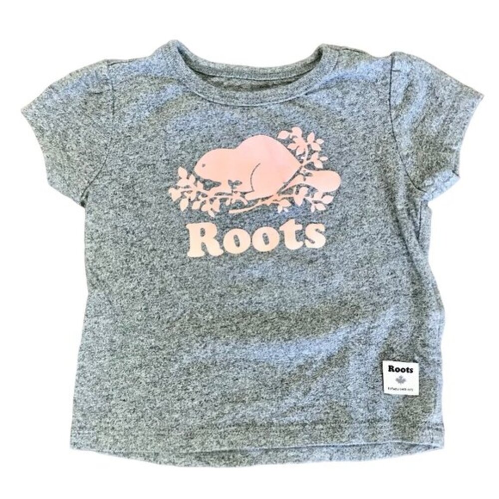 Roots‎ Baby Roots Canadian Baby Cotton Grey and Pink Beaver T-Shirt. 3-6 Months